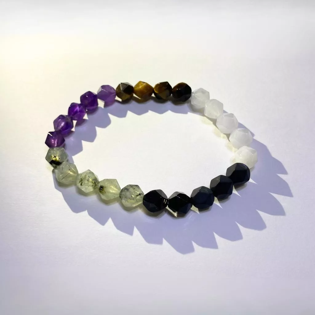 miaho 五行菱形手珠｜8mm 葡萄石 紫水晶 虎眼石 漢白玉 黑瑪瑙 金曜石｜開運避邪 質感禮物