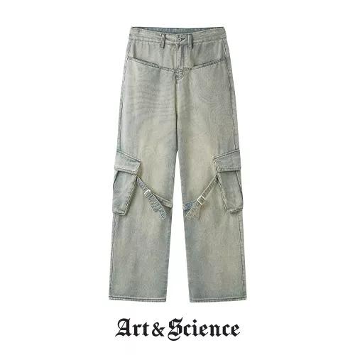 AS07 WASHED DENIM POCKET CARGO WIDE PANTS RUSTY BLUE