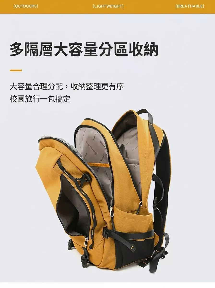 薑黃色防潑水格紋機能戶外雙肩後背包