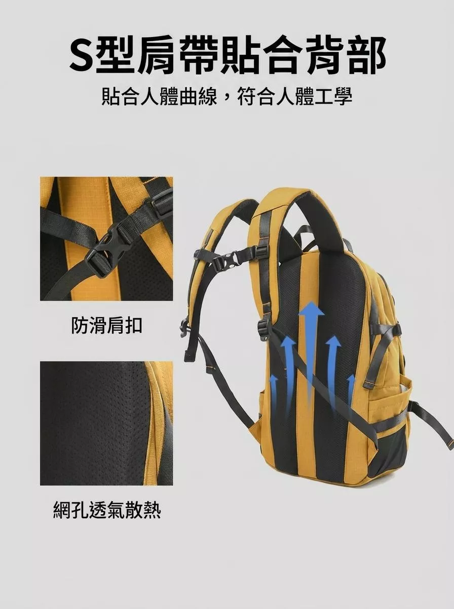 薑黃色防潑水格紋機能戶外雙肩後背包
