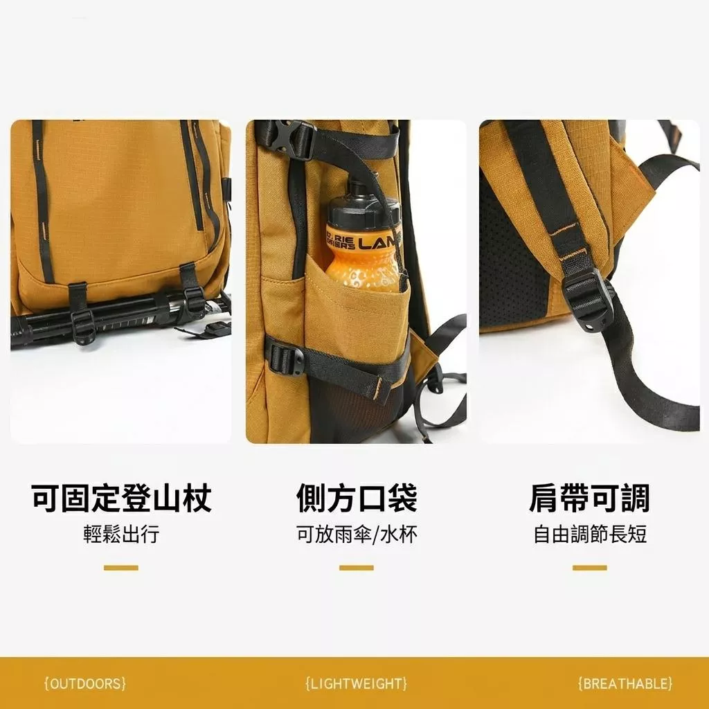 薑黃色防潑水格紋機能戶外雙肩後背包