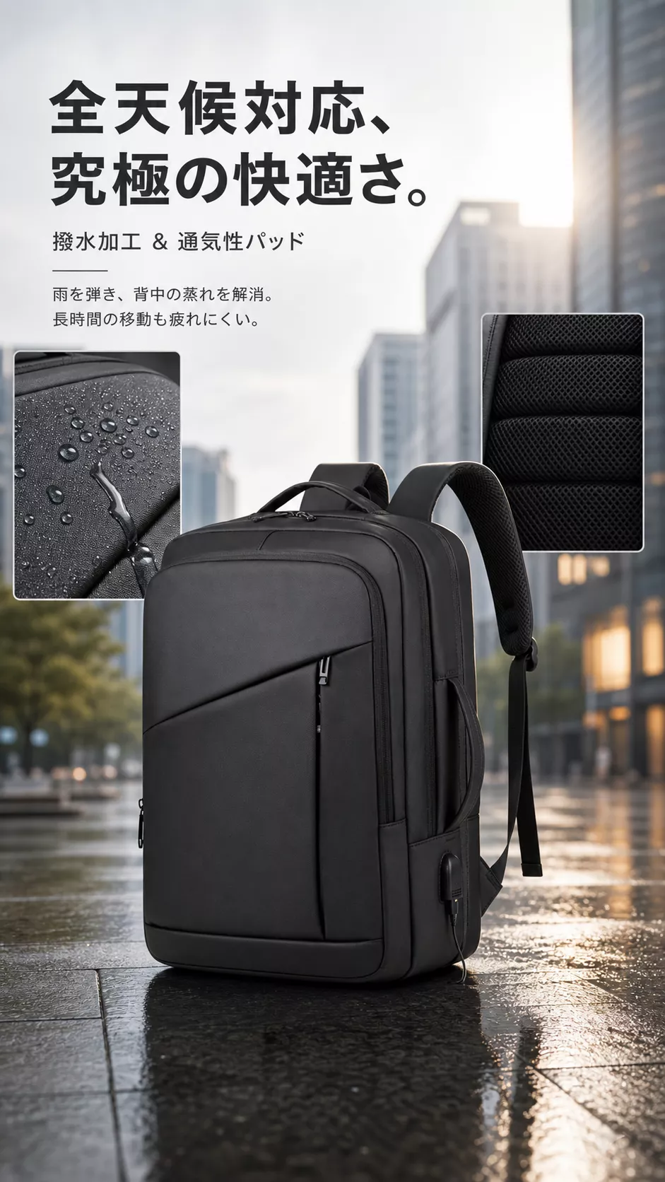 yamarules 山澤city 黑色防潑水皮膜斜切紋商務後背包