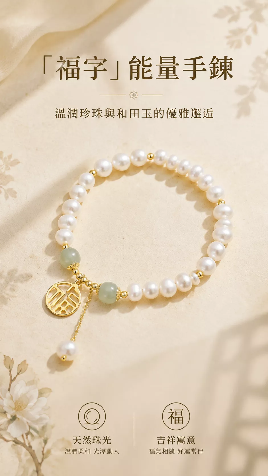 murmur 默墨時光 高仿淡水珍珠和田玉「福字」吊牌能量手鍊