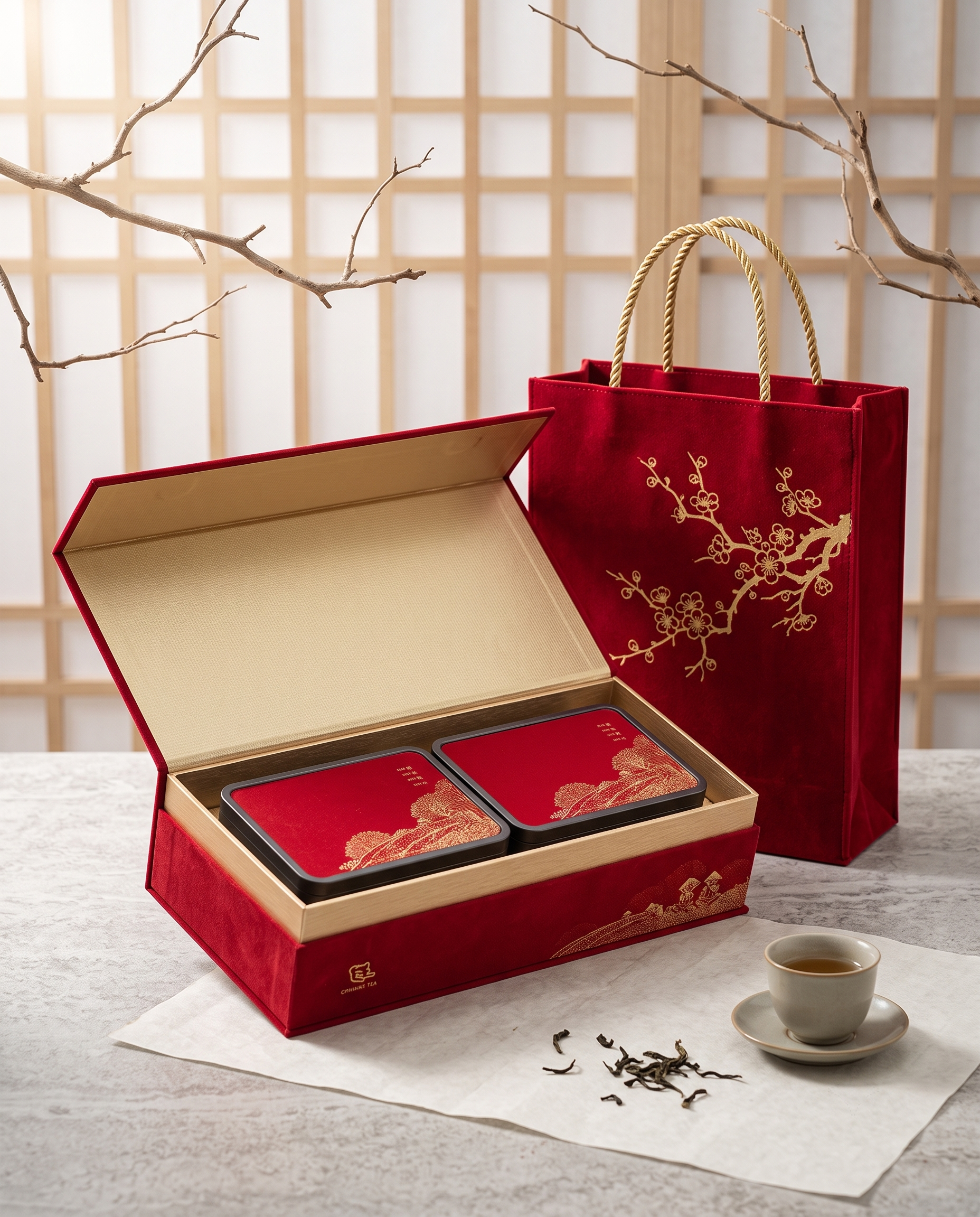 順風順水緋紅長型雙罐茶葉禮盒
