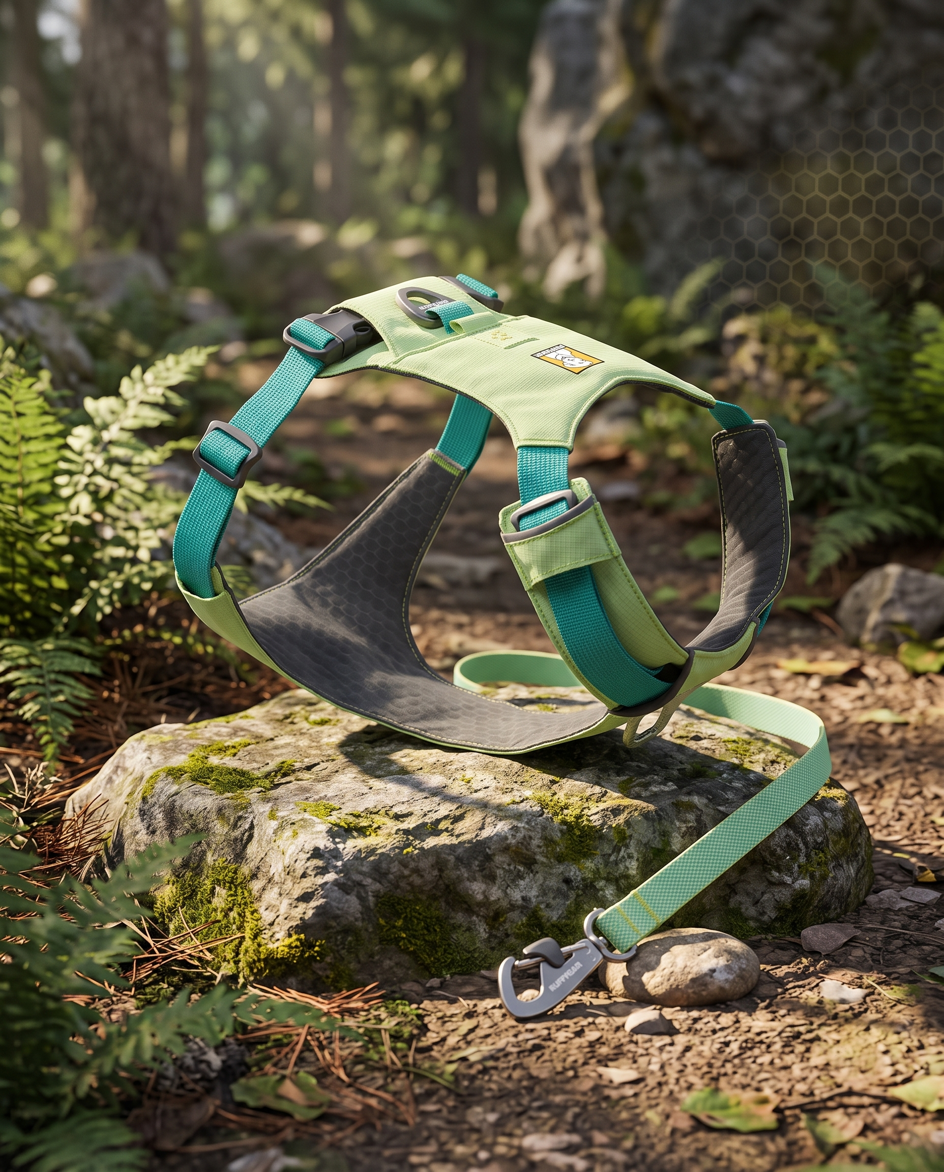 Ruffwear淺綠輕量透氣戶外寵物胸背帶+同色牽繩組 鋁合金扣具登山款