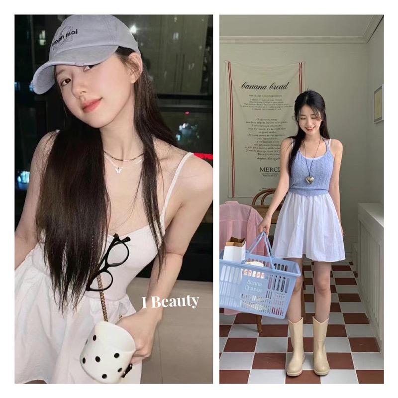 ￼I Beauty 🇰🇷韓國東大門代購 趙露思 同款 甜美 微性感 低領露背 修身 吊帶 連身裙 A字短裙