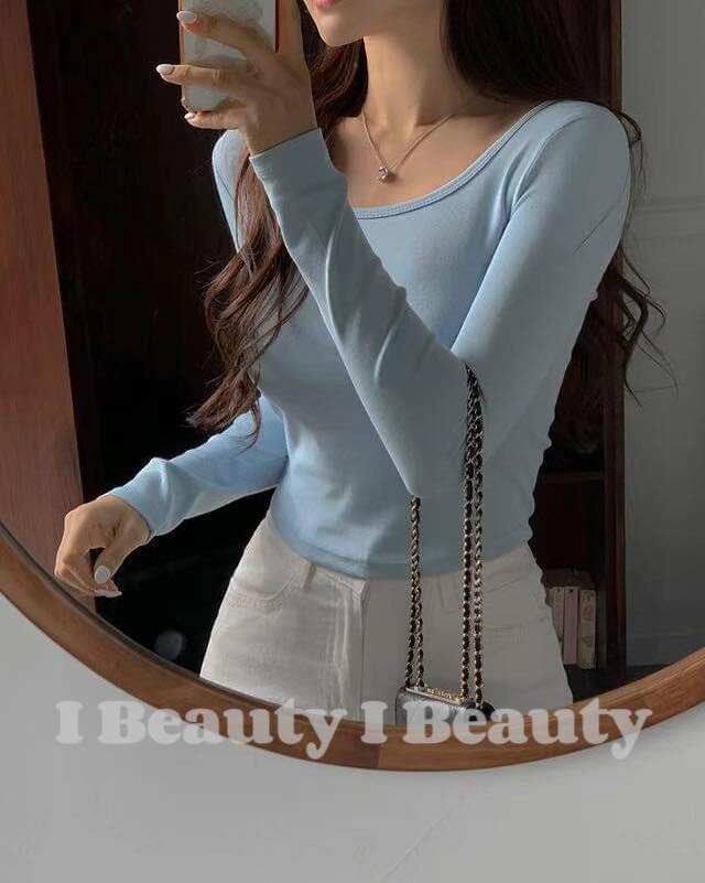 ￼I Beauty 🇰🇷韓國東大門代購 溫柔風 低圓領 長袖 T恤 修身顯瘦上衣 內搭打底衫