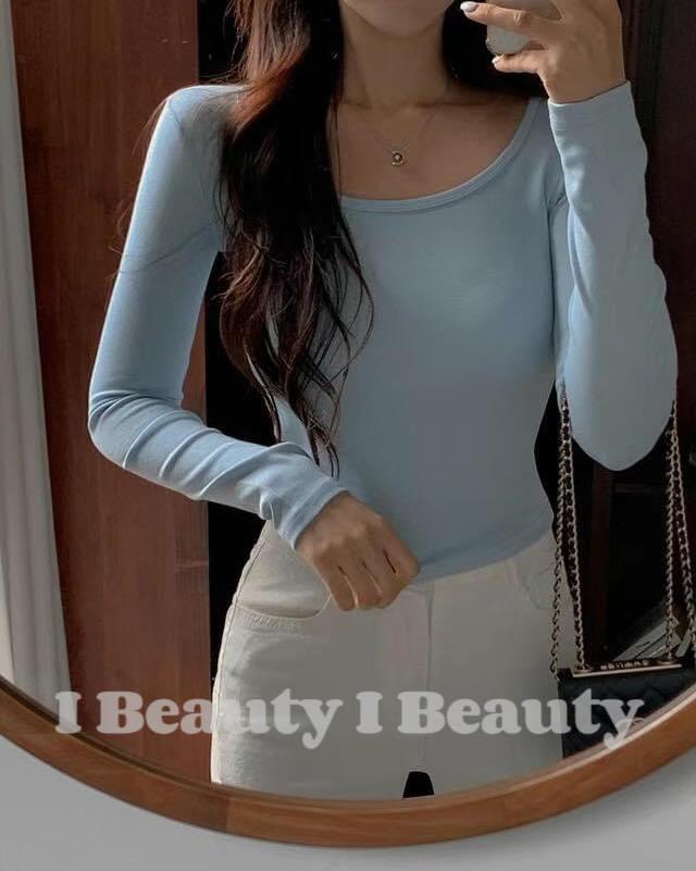 ￼I Beauty 🇰🇷韓國東大門代購 溫柔風 低圓領 長袖 T恤 修身顯瘦上衣 內搭打底衫