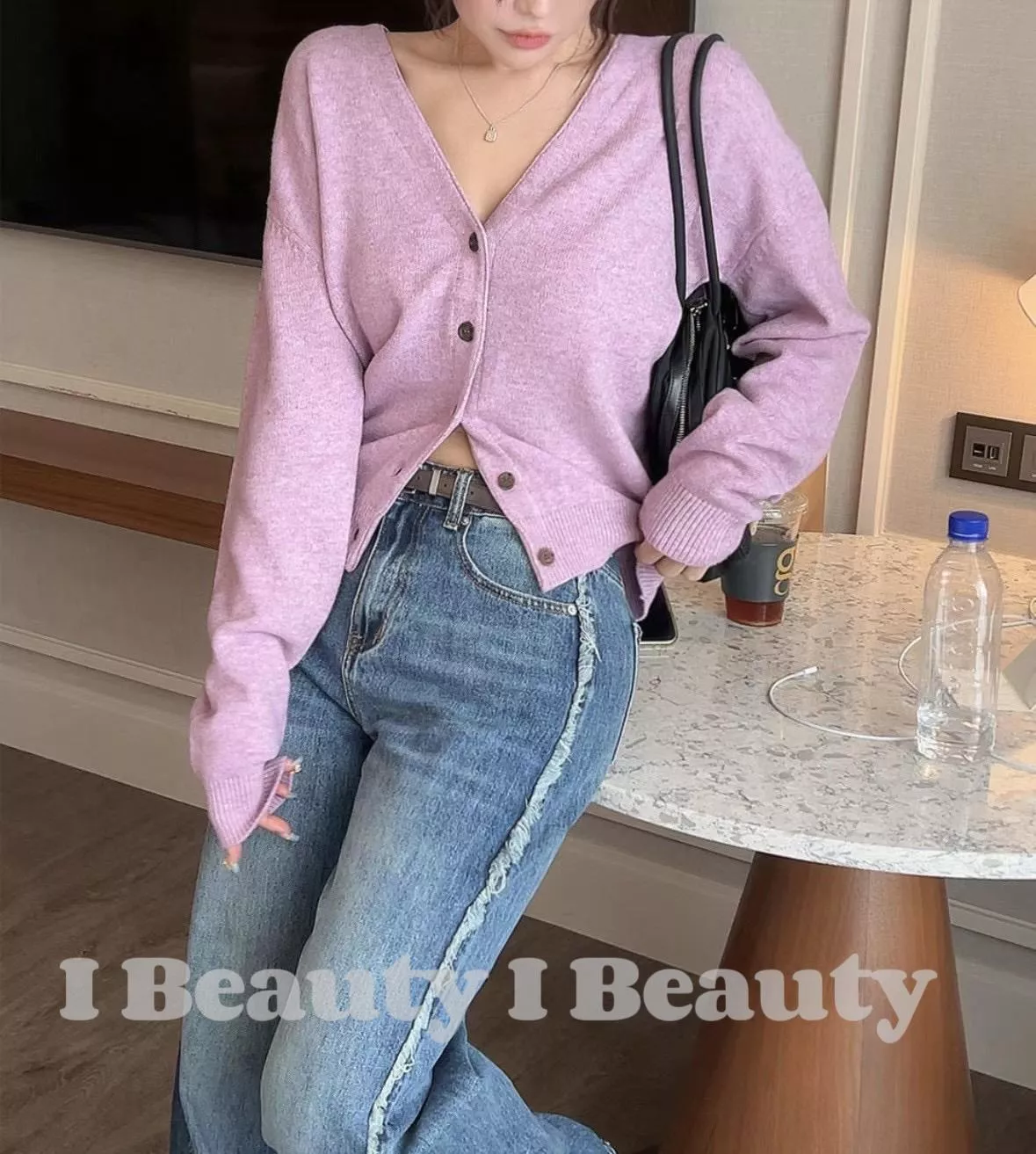 設計感毛邊顯瘦高腰牛仔褲