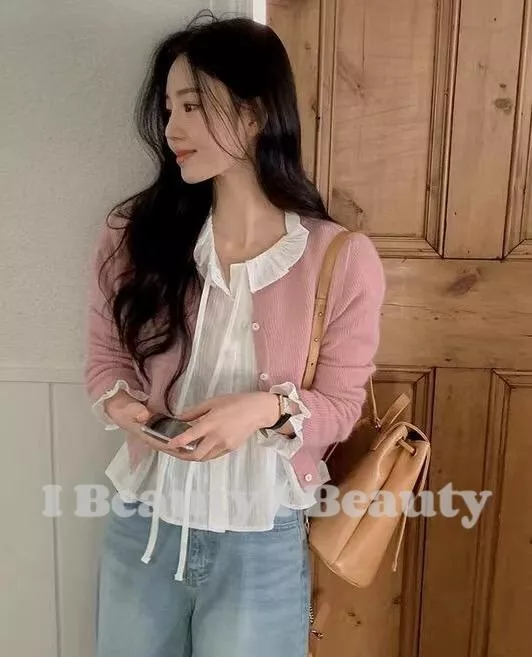 奶油白 溫柔木耳邊長袖上衣