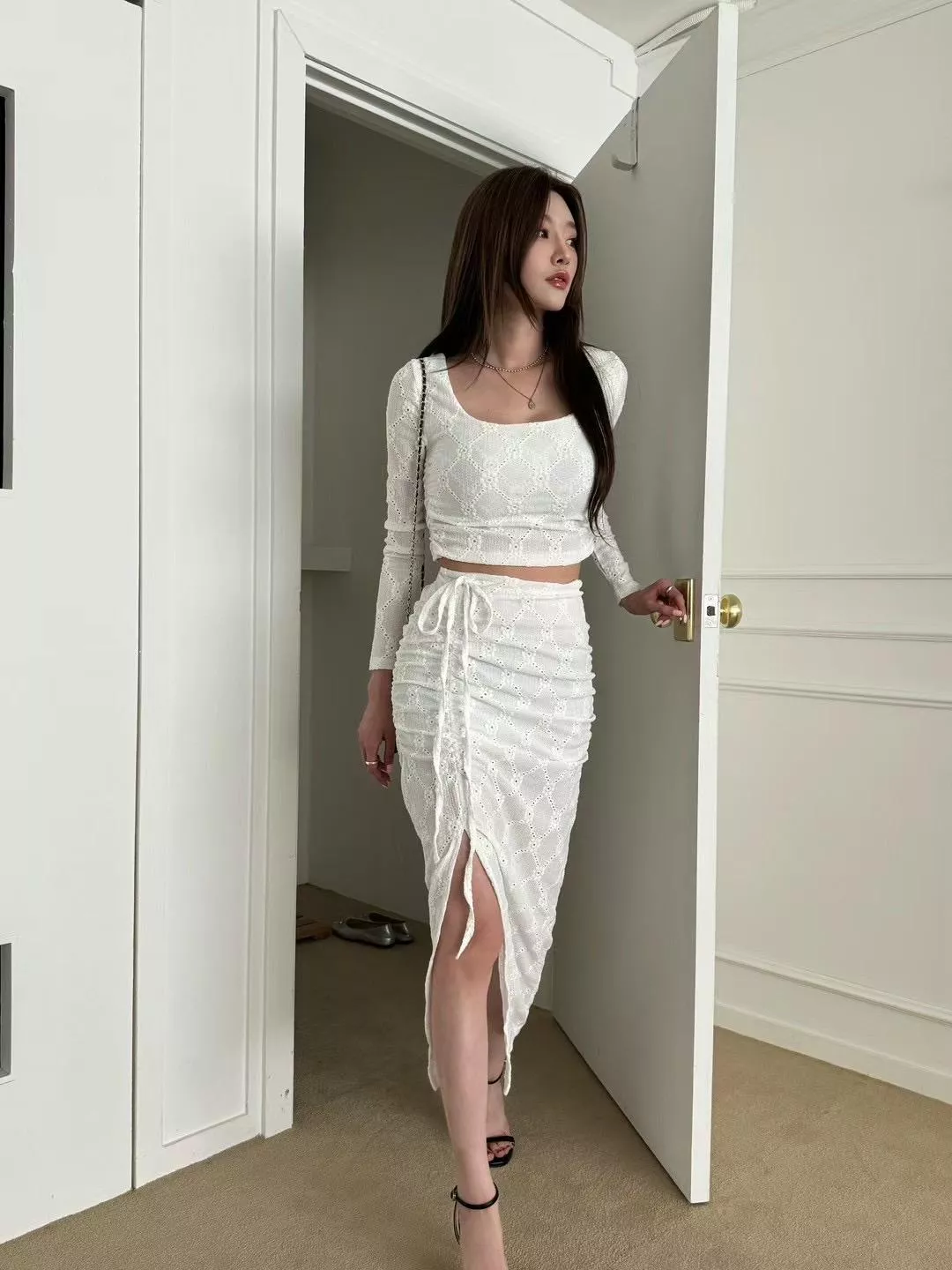 法式浪漫蕾絲抽繩開叉長裙