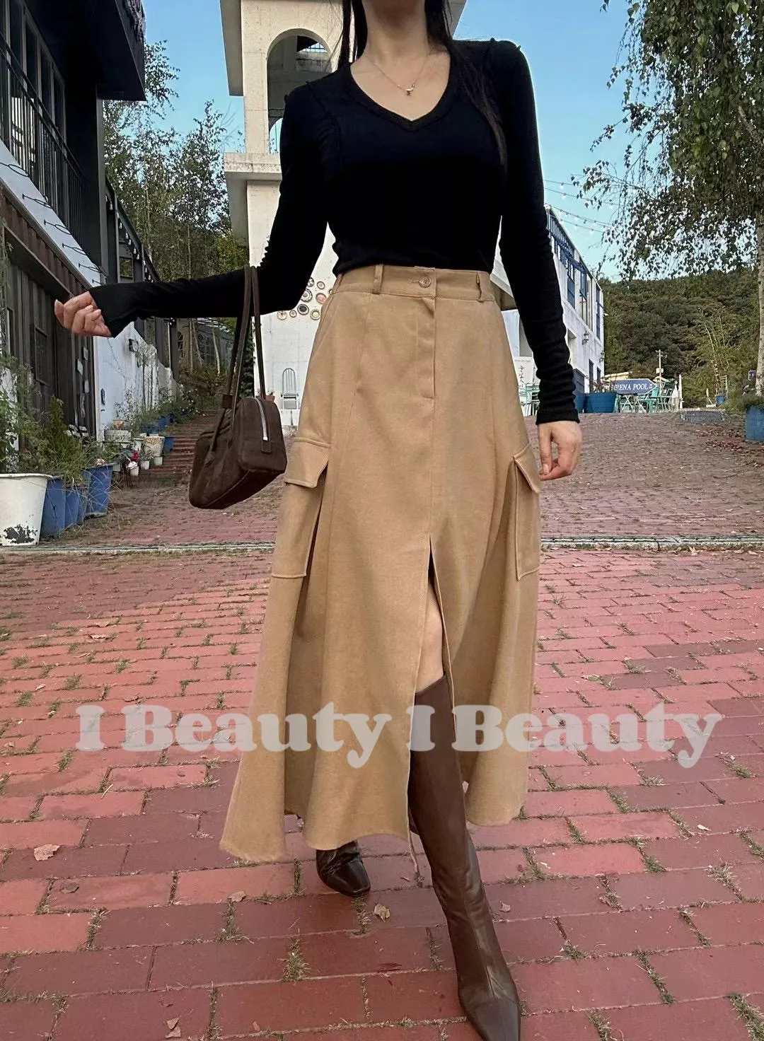 知性個性大口袋開叉長裙