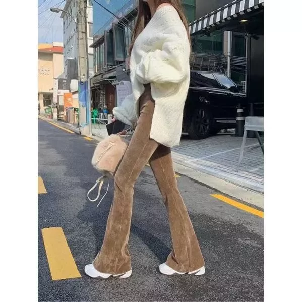 超顯瘦 坑條紋 保暖喇叭長褲