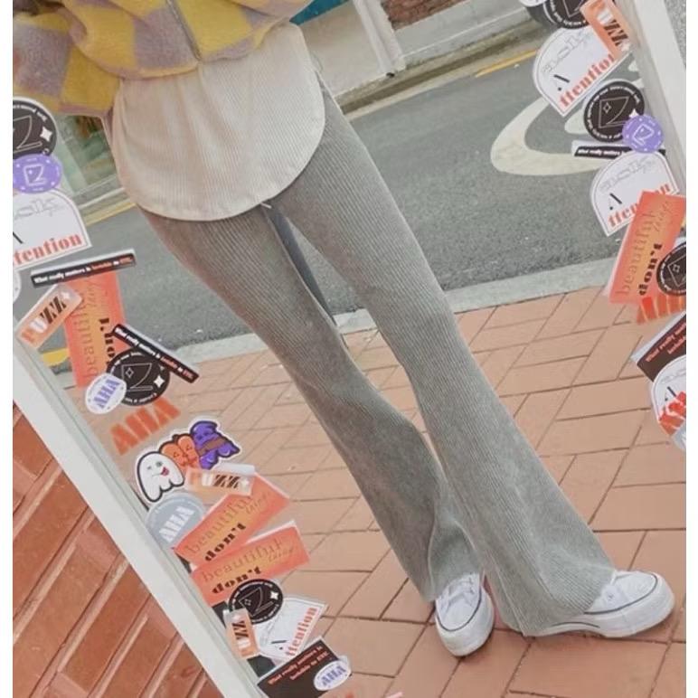 超顯瘦 坑條紋 保暖喇叭長褲