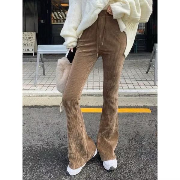 超顯瘦 坑條紋 保暖喇叭長褲