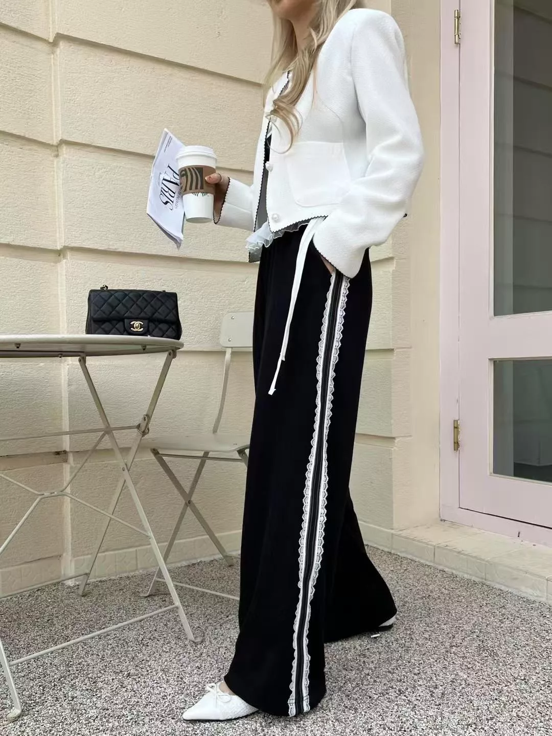 甜美花邊顯瘦休閒直筒長褲