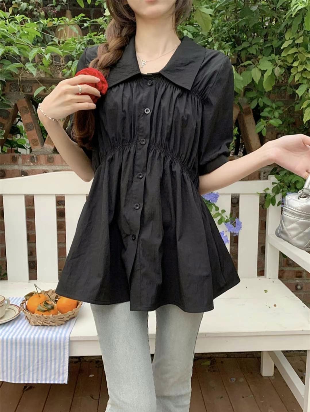 皺褶感短袖長版娃娃上衣