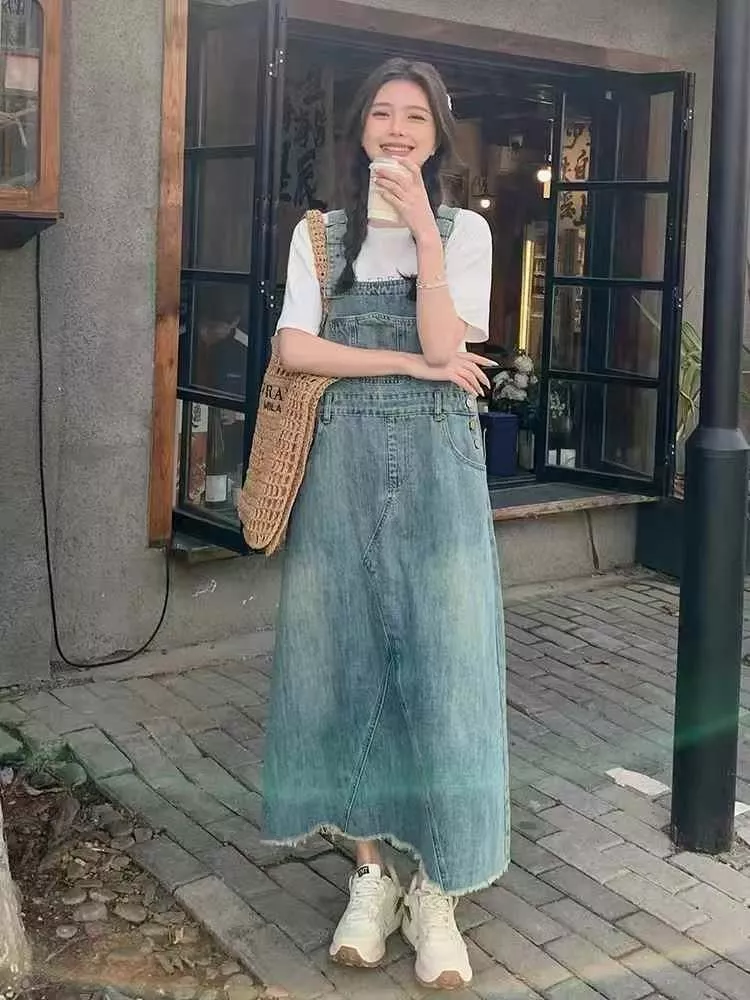 減齡抽鬚吊帶牛仔長裙