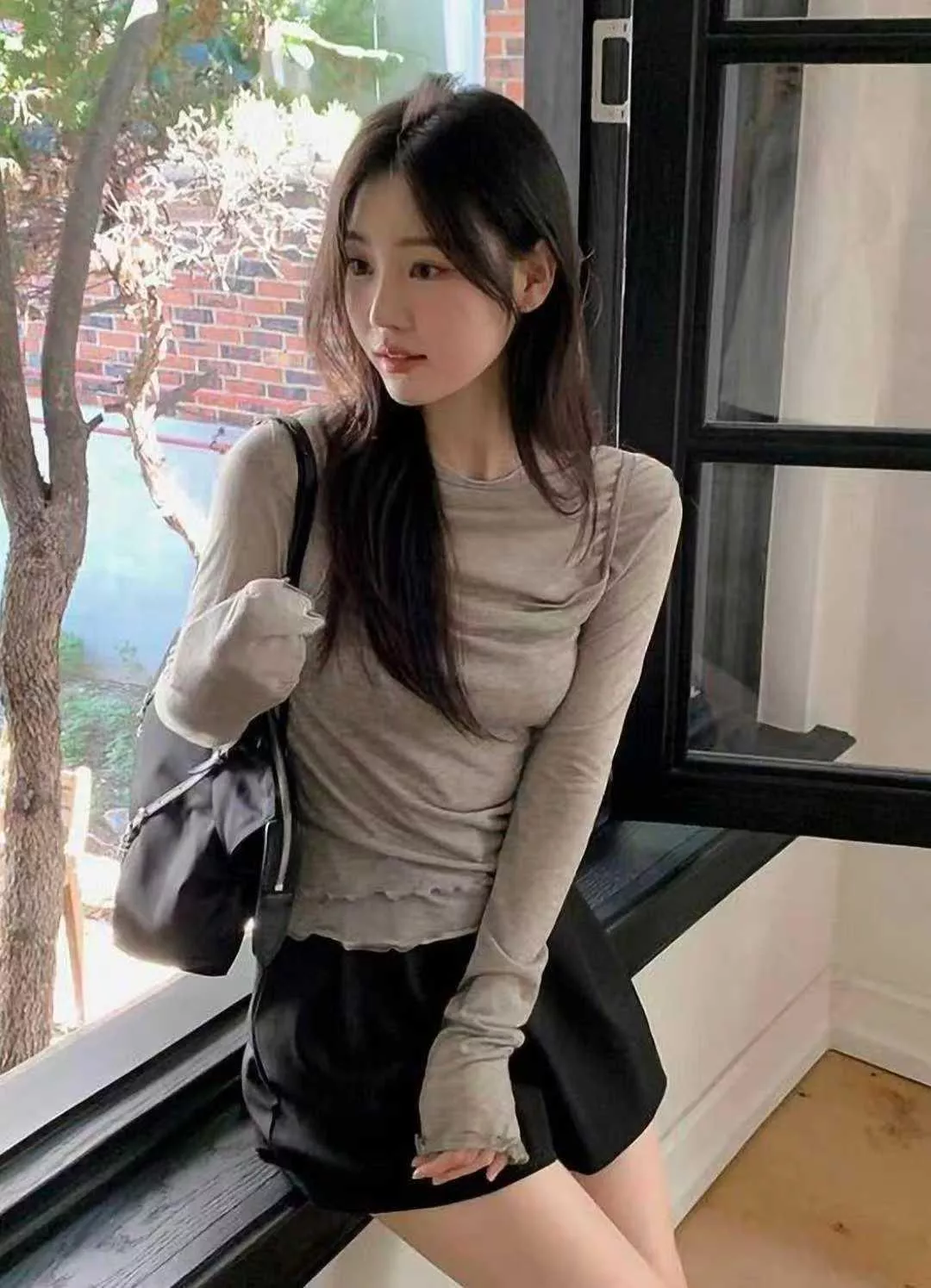 溫柔甜美木耳拼接長袖上衣