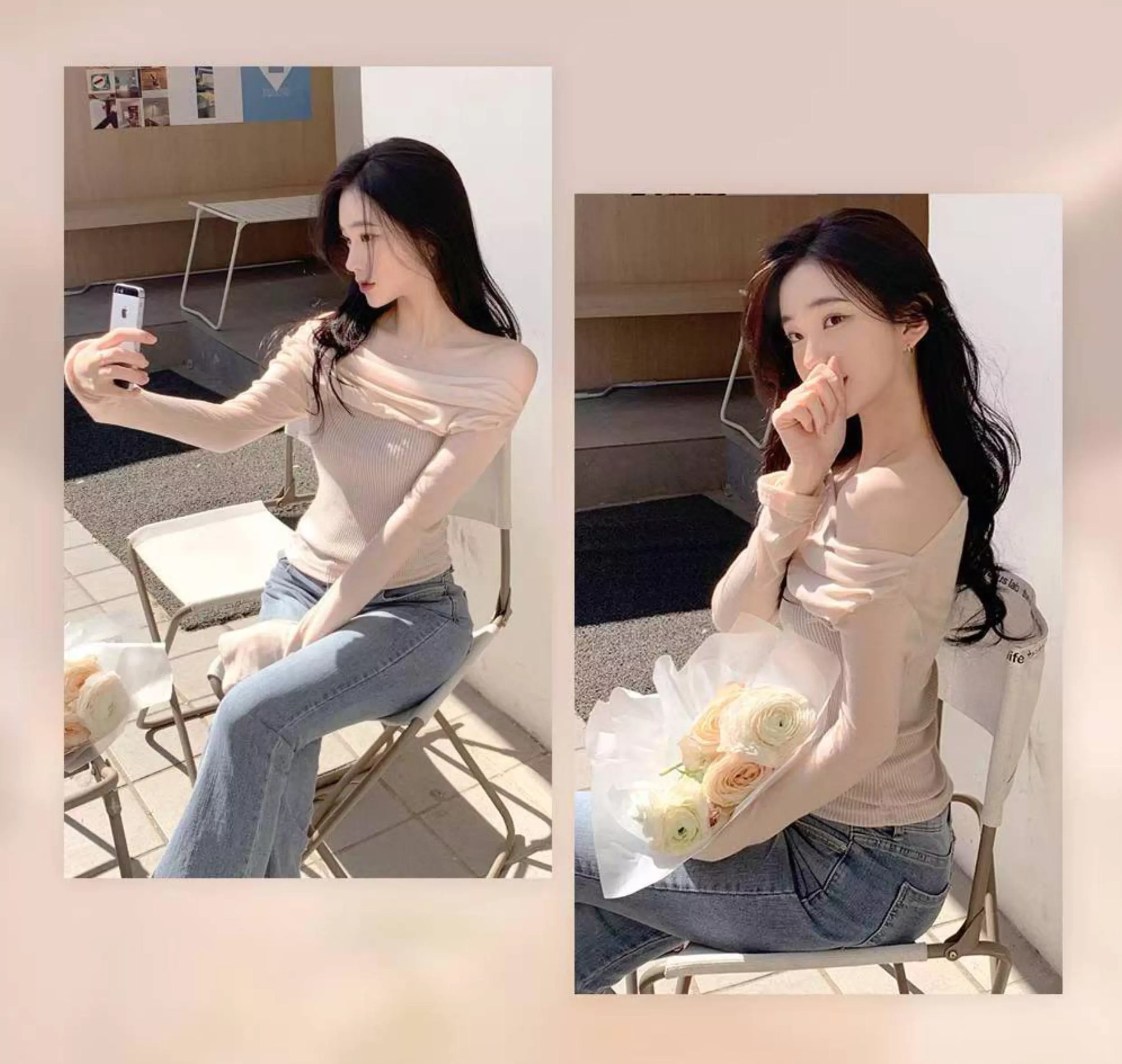 微性感ㄧ字領拼接長袖上衣