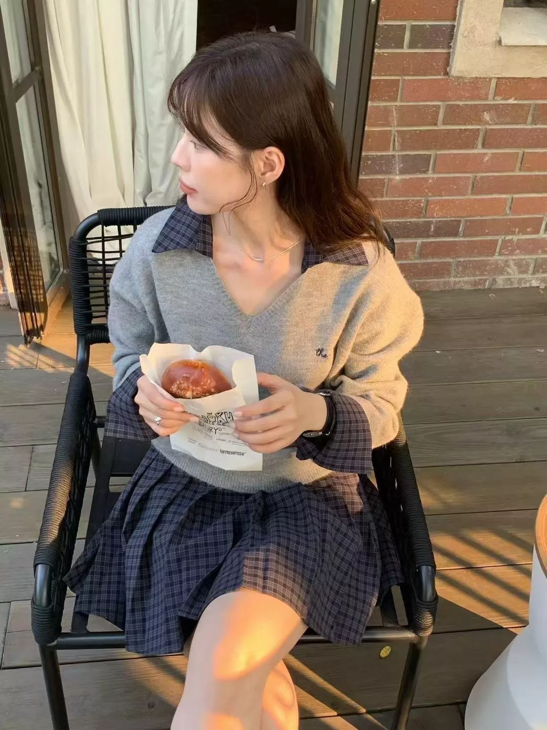 減齡格紋拼接套裝