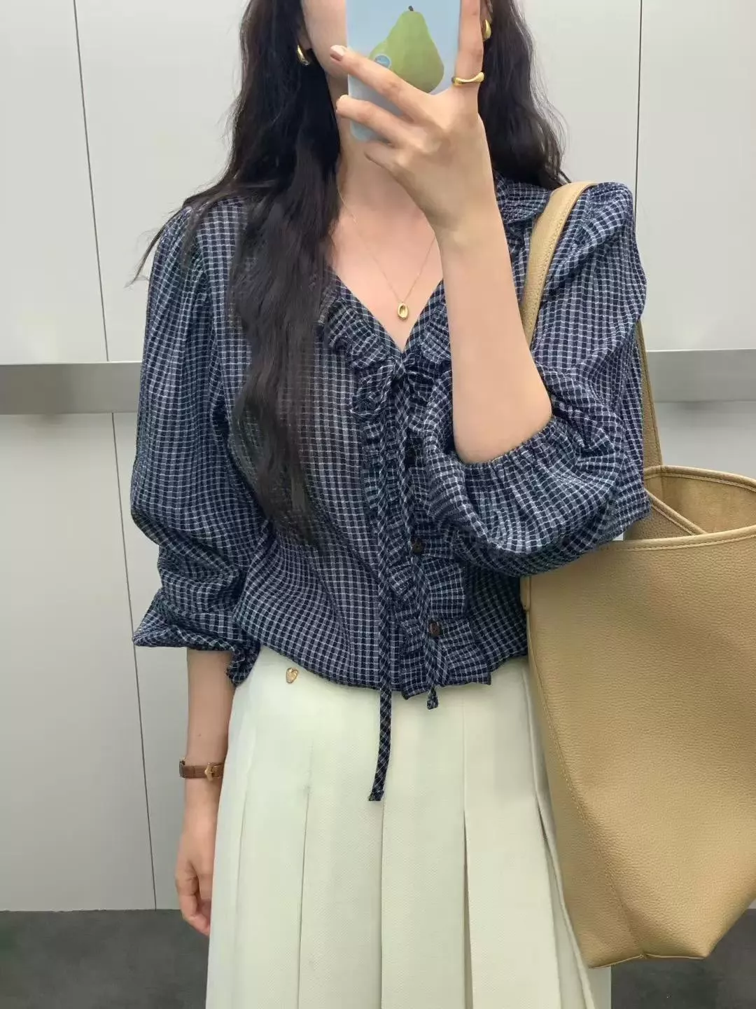 溫柔花邊格紋長袖上衣