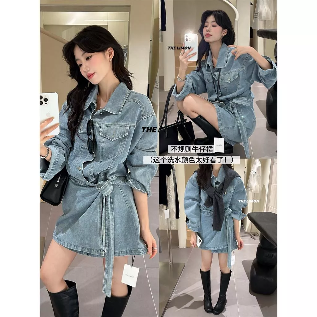 檸檬家 THE LIMON檸檬綠茶 復古不規則設計感收腰繫帶牛仔連衣裙女 1113 /女生洋裝 連身裙