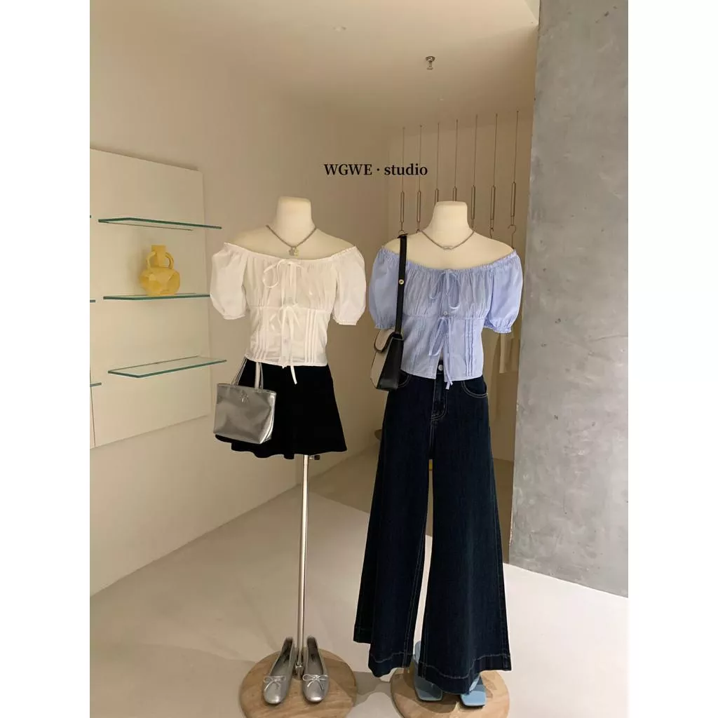 檸檬家 【WGWE】法式純欲性感蝴蝶結短袖襯衫一字領設計感寬鬆系帶上衣小衫  W3202#  LKZ