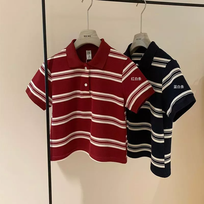 藍色現貨 / wgwe 3750學院風條紋撞色顯瘦polo針織短袖上衣