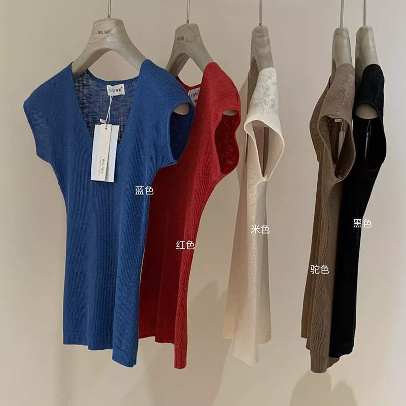 現貨【WGWE】Basic系列通勤v領針織小衫女新款短袖休閒時尚針織衫W3482#LKZ