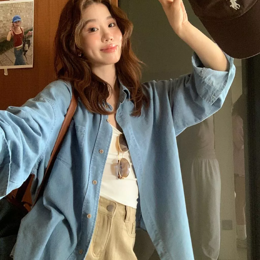 檸檬家 26年早春韓系chic淺藍色寬鬆休閒牛仔外套襯衫TM-1620