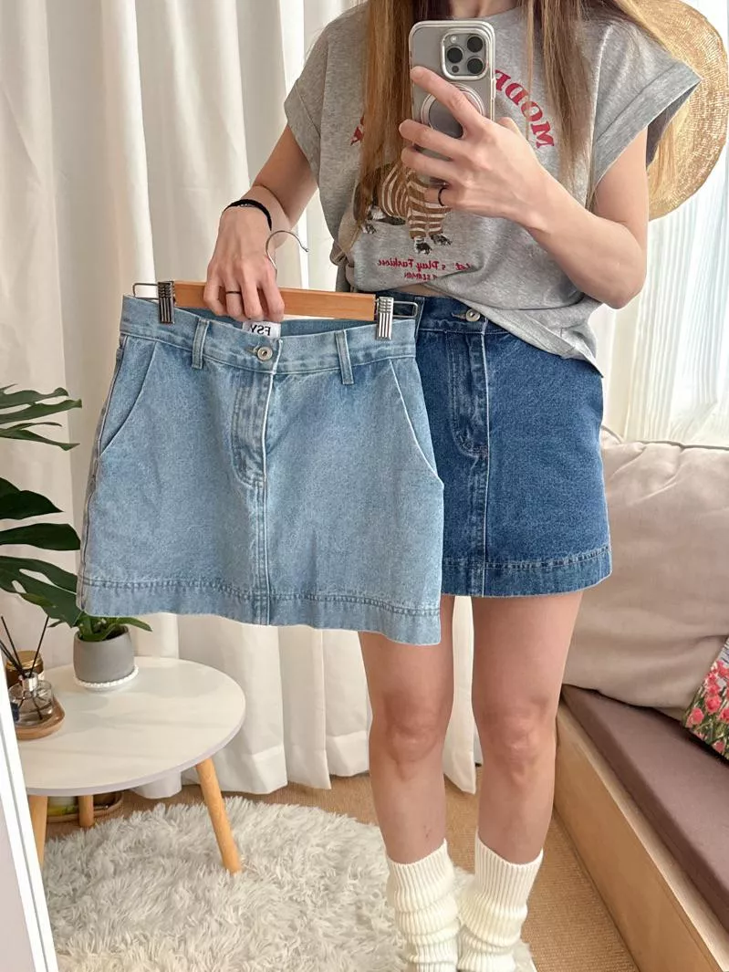 現貨 韓國🇰🇷 fsy🇰🇷經典款 牛仔A字裙  牛仔裙 淺藍色牛仔褲裙女生牛仔褲
