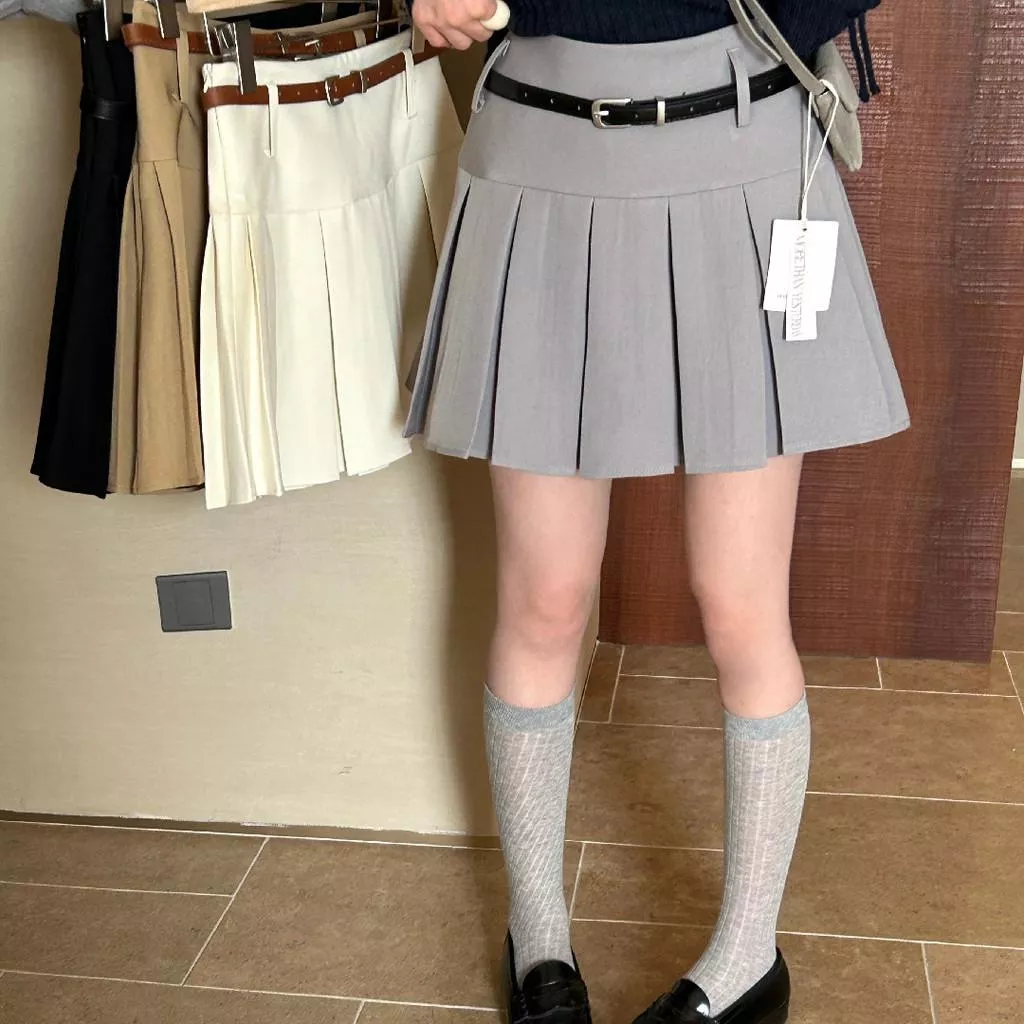 檸檬家 挖到寶啦韓版百褶設計感顯瘦半身裙(配腰帶)TM-1612