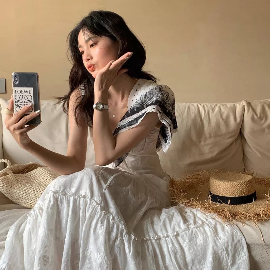 檸檬家 心動信號法式無袖繡花氣質u領背心裙連衣裙10115