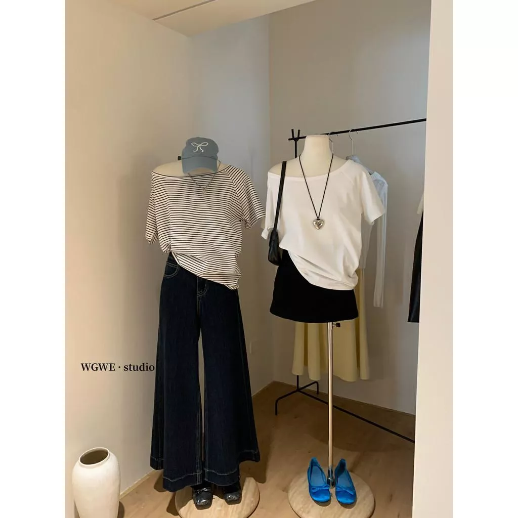 現貨 黑 / 白 。wgwe 斜肩一字領兩穿寬鬆顯瘦基礎條紋短袖T恤女春夏純慾上衣W3719
