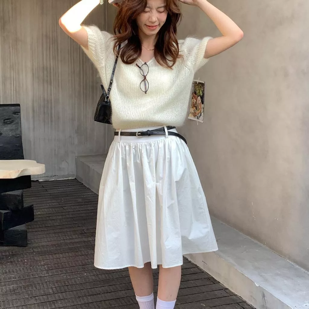 檸檬家 極簡華爾茲～韓版A字高腰花苞褶皺休閒半身裙(配腰帶)TM-1611