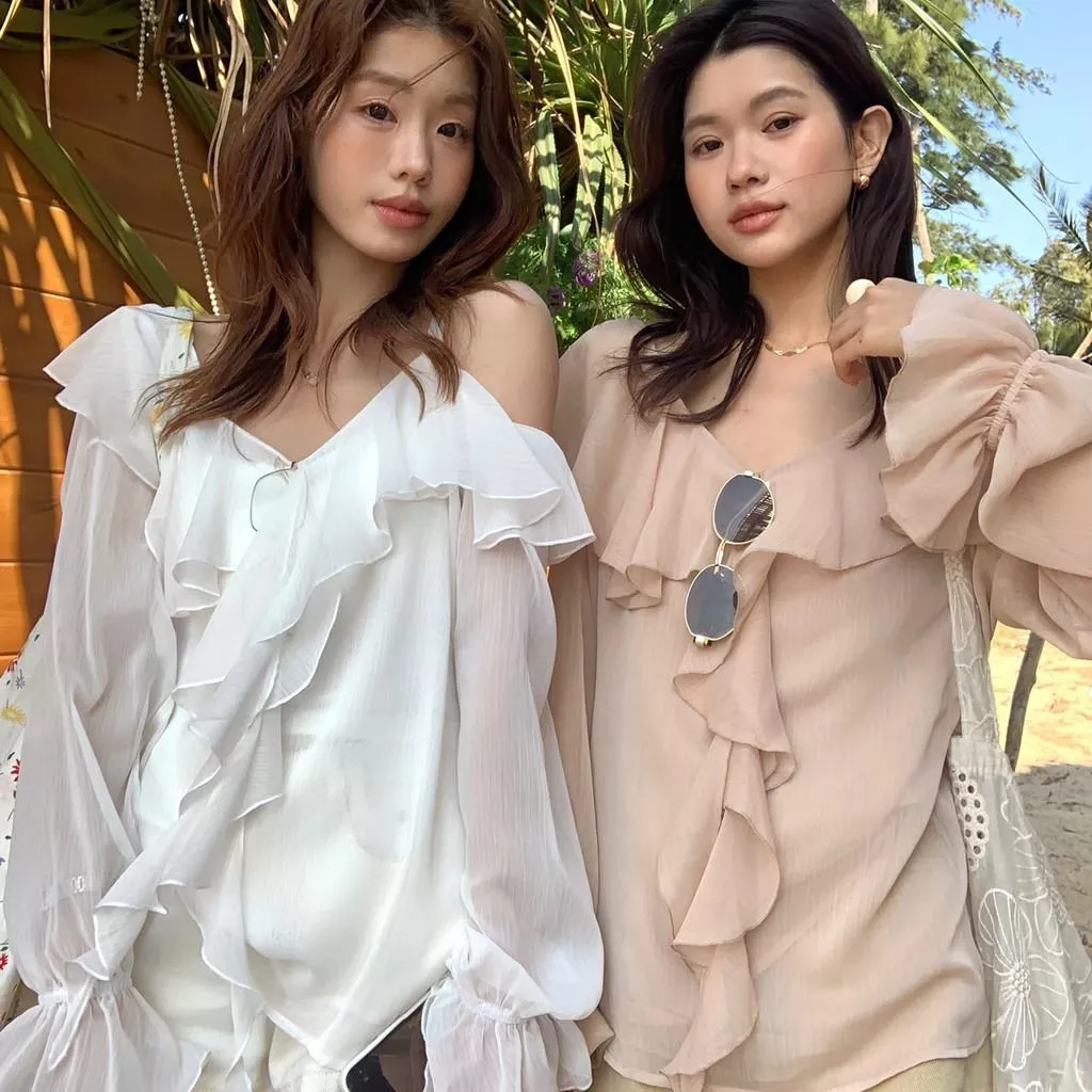 檸檬家 有點小特別～氣質溫柔荷葉邊露肩雪紡上衣小衫10172