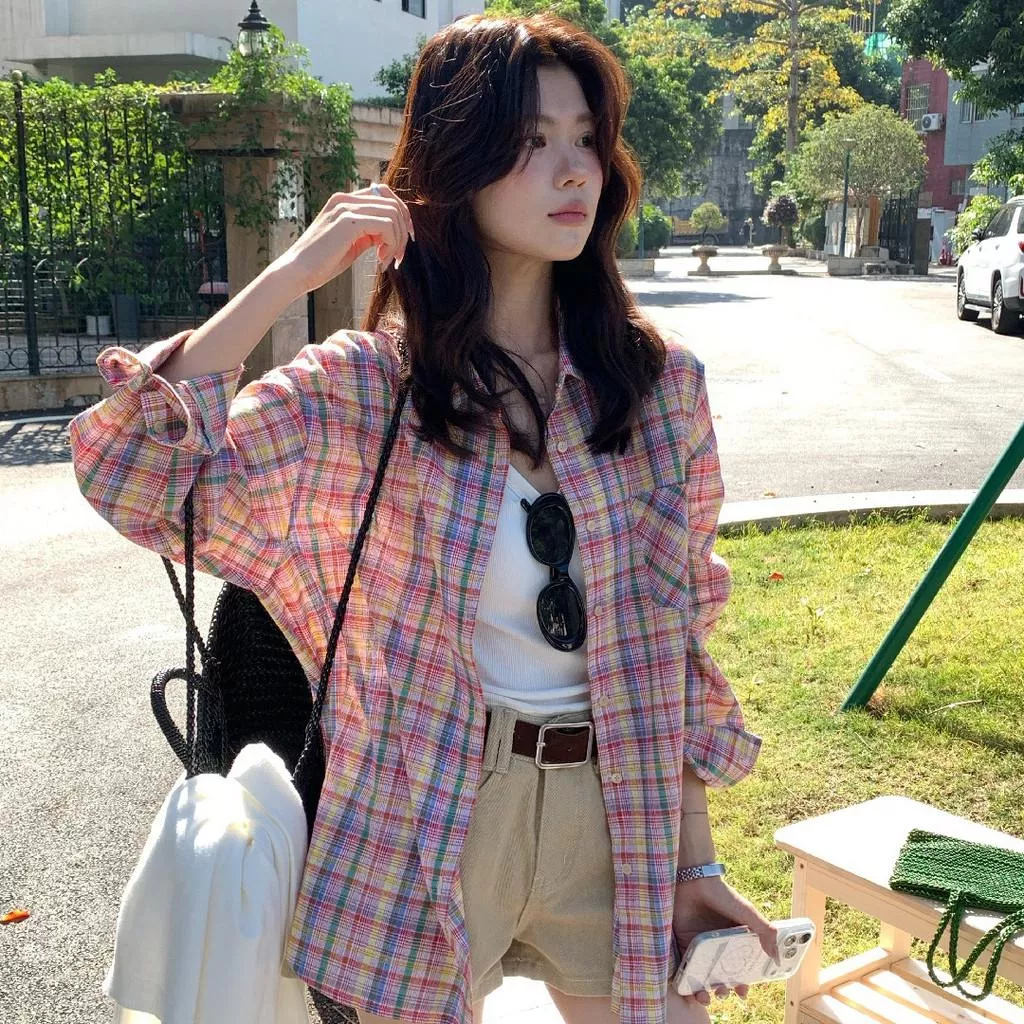 檸檬家 格紋集市～寬鬆復古休閒彩色格紋防曬襯衫10065