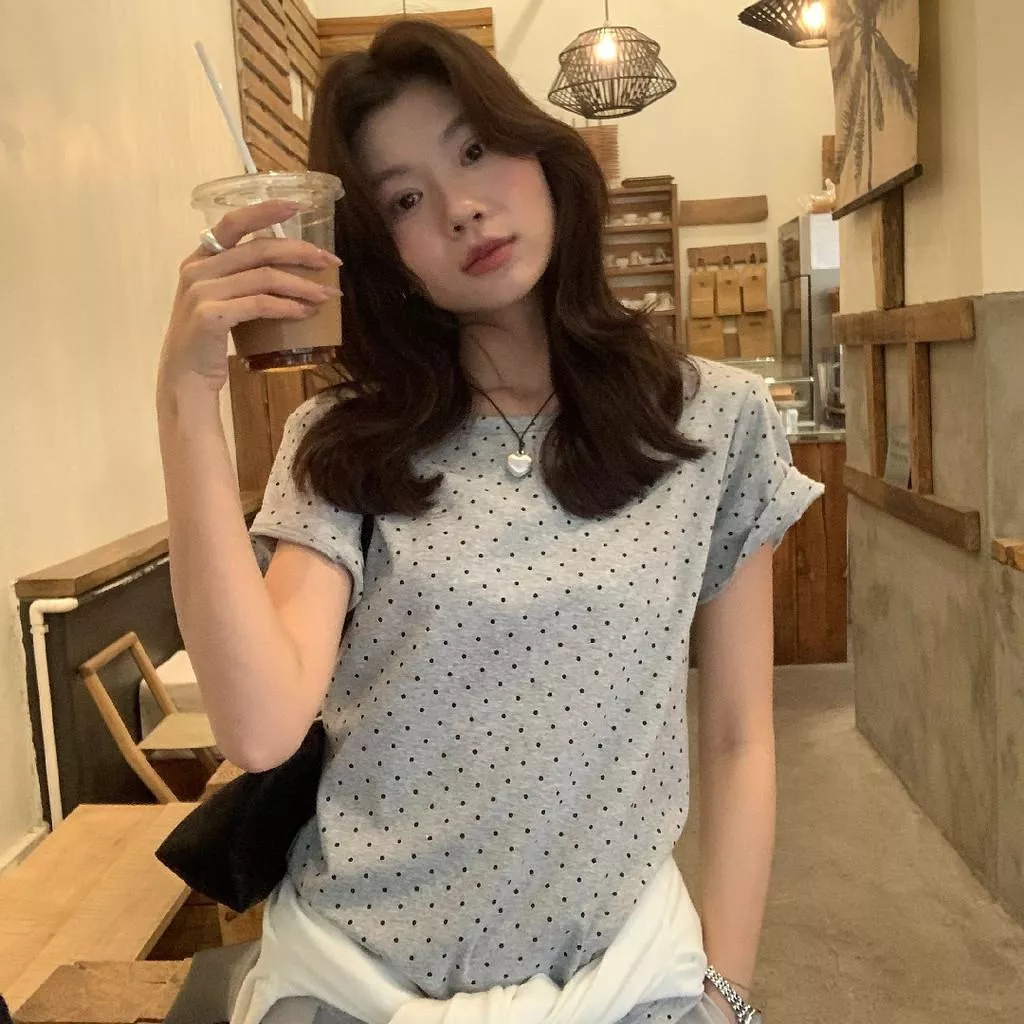 檸檬綠茶-落跑甜心～圓領百搭波點正肩顯瘦短袖T恤10158