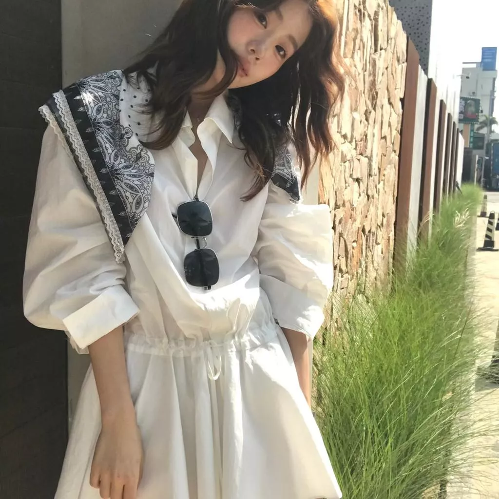 檸檬綠茶-山茶白茉莉～白色簡約收腰氣質顯瘦連衣裙10192