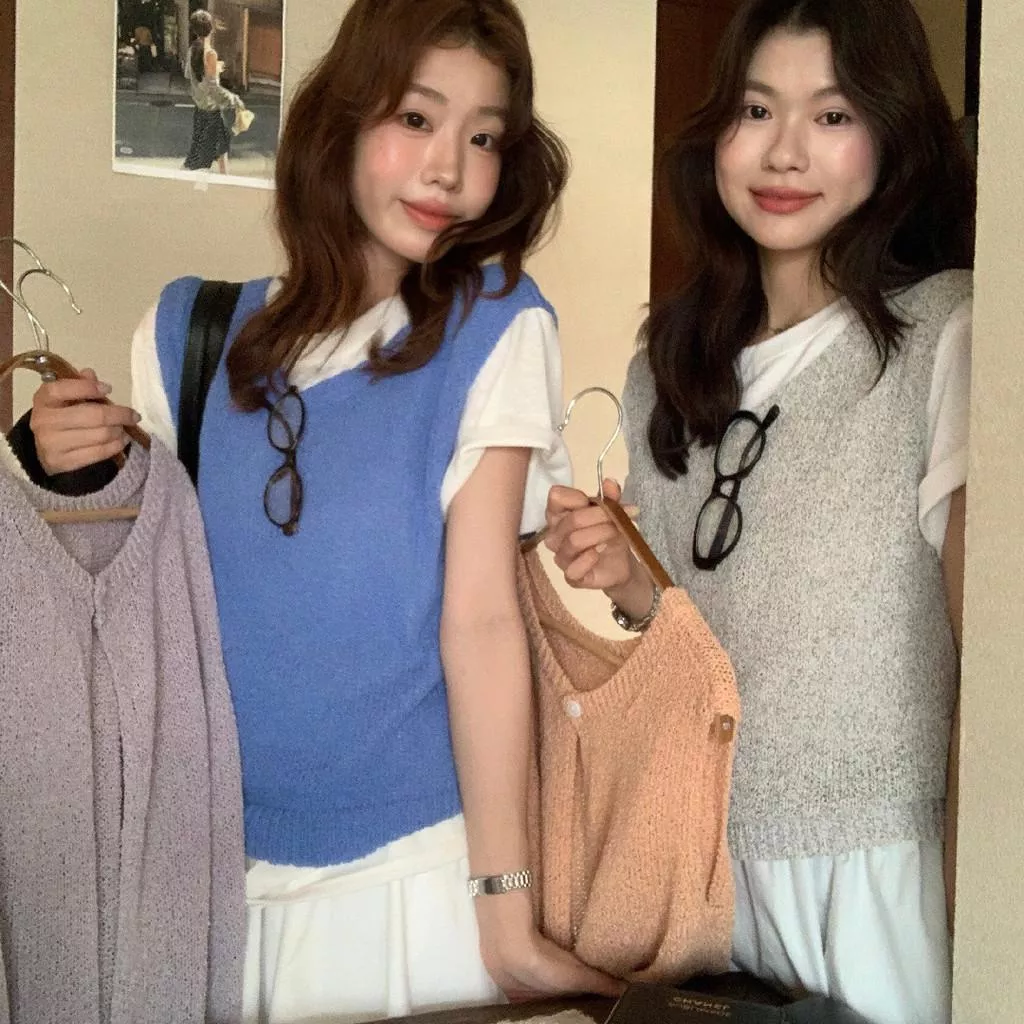 檸檬綠茶-韓校藝術生～小心機露背圓領背心針織馬甲NM-8509