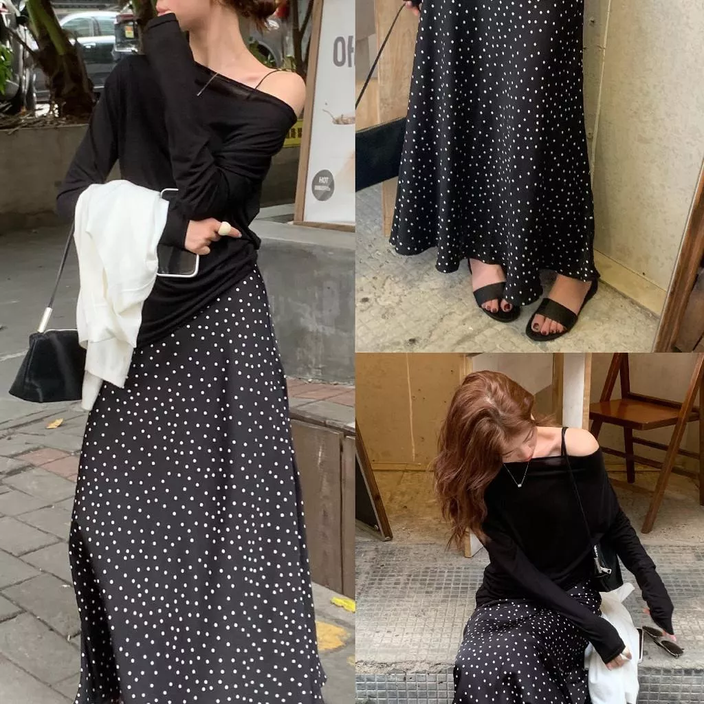 檸檬綠茶-主推款簡約百搭顯瘦黑白波點半身裙10126