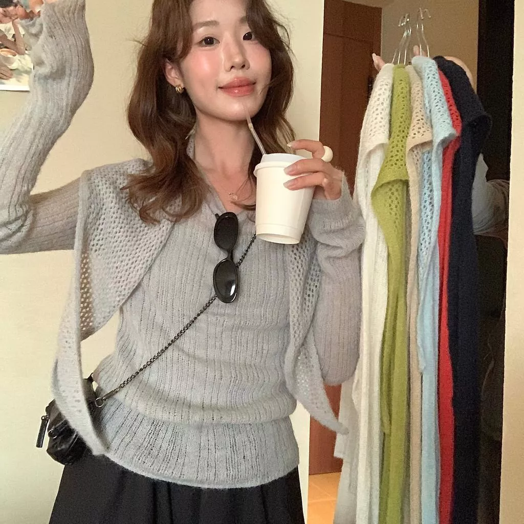 檸檬綠茶-法式小坎肩圓領坑條針織衫(含20羊毛)NM-8503