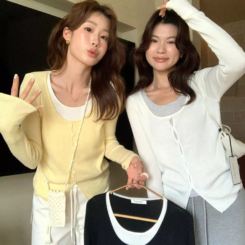 檸檬綠茶-溫柔奶油色系假兩件針織衫00-8109