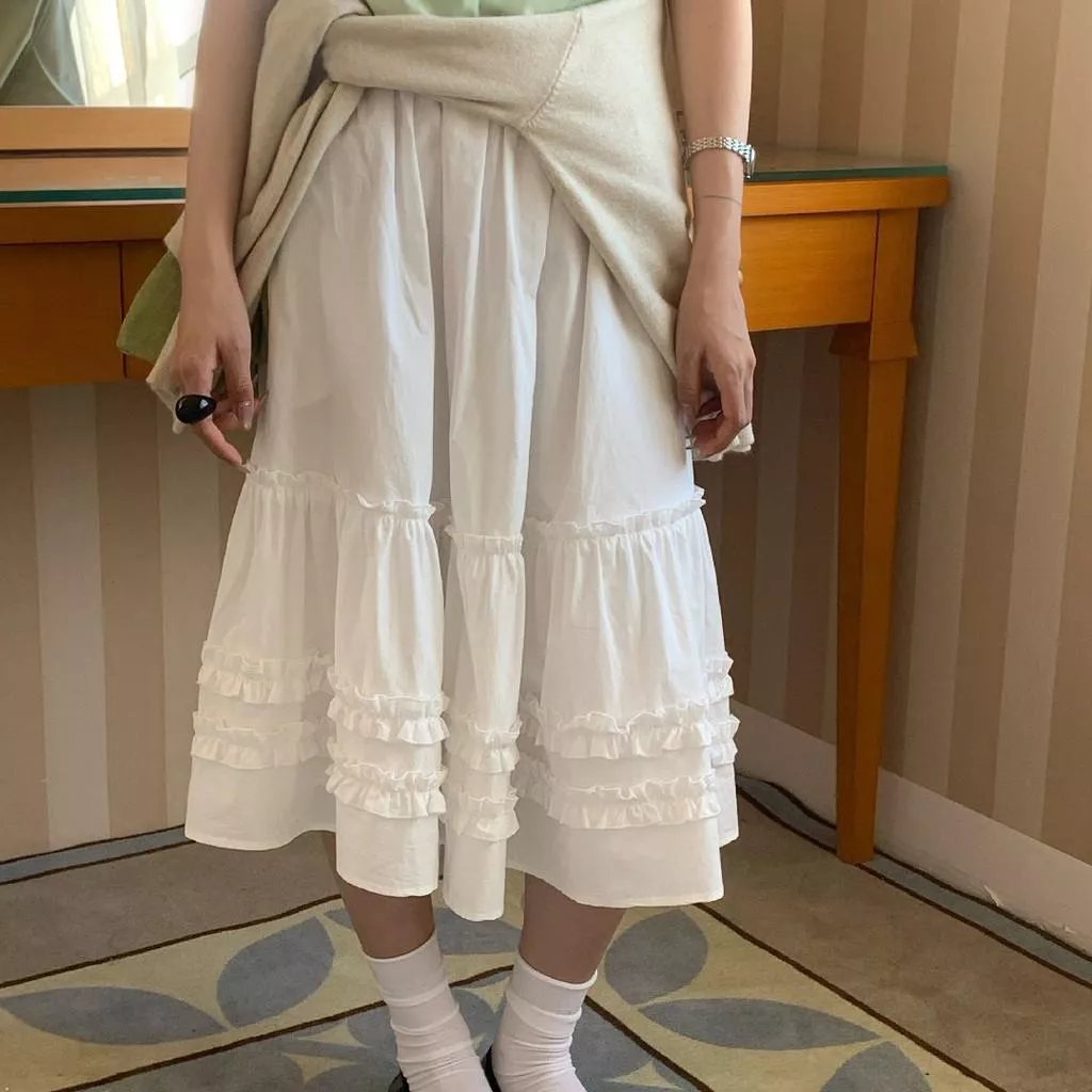檸檬綠茶-韓國東大門復古甜美baby同款木耳花邊中長款半身裙10123
