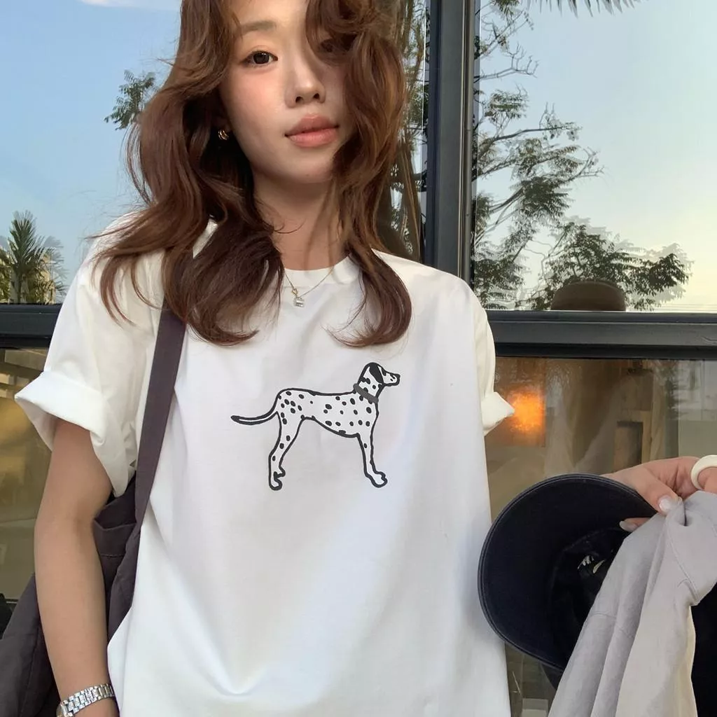 檸檬綠茶-韓系卡通斑點狗正肩寬鬆圓領短袖T恤10233