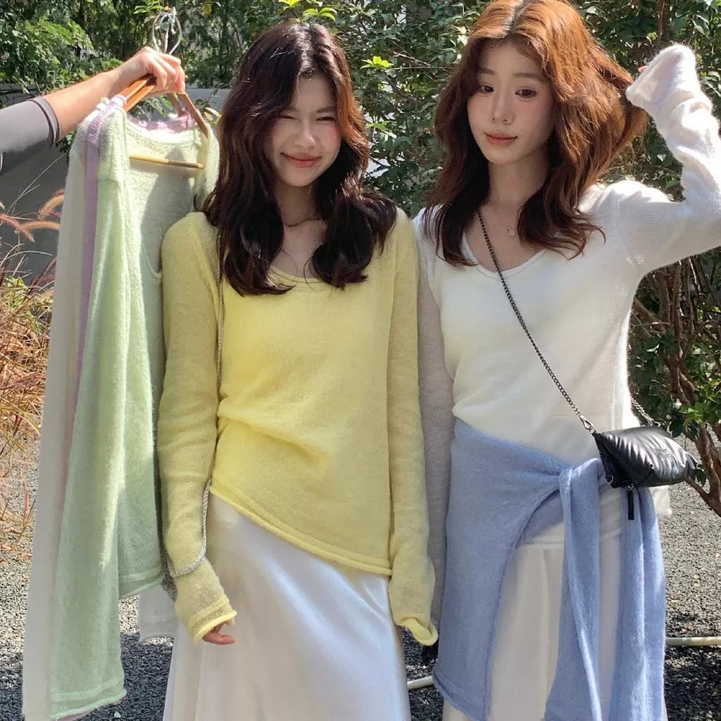 檸檬綠茶-微醺甜酒～韓式簡約U領套頭百搭針織衫00-8101