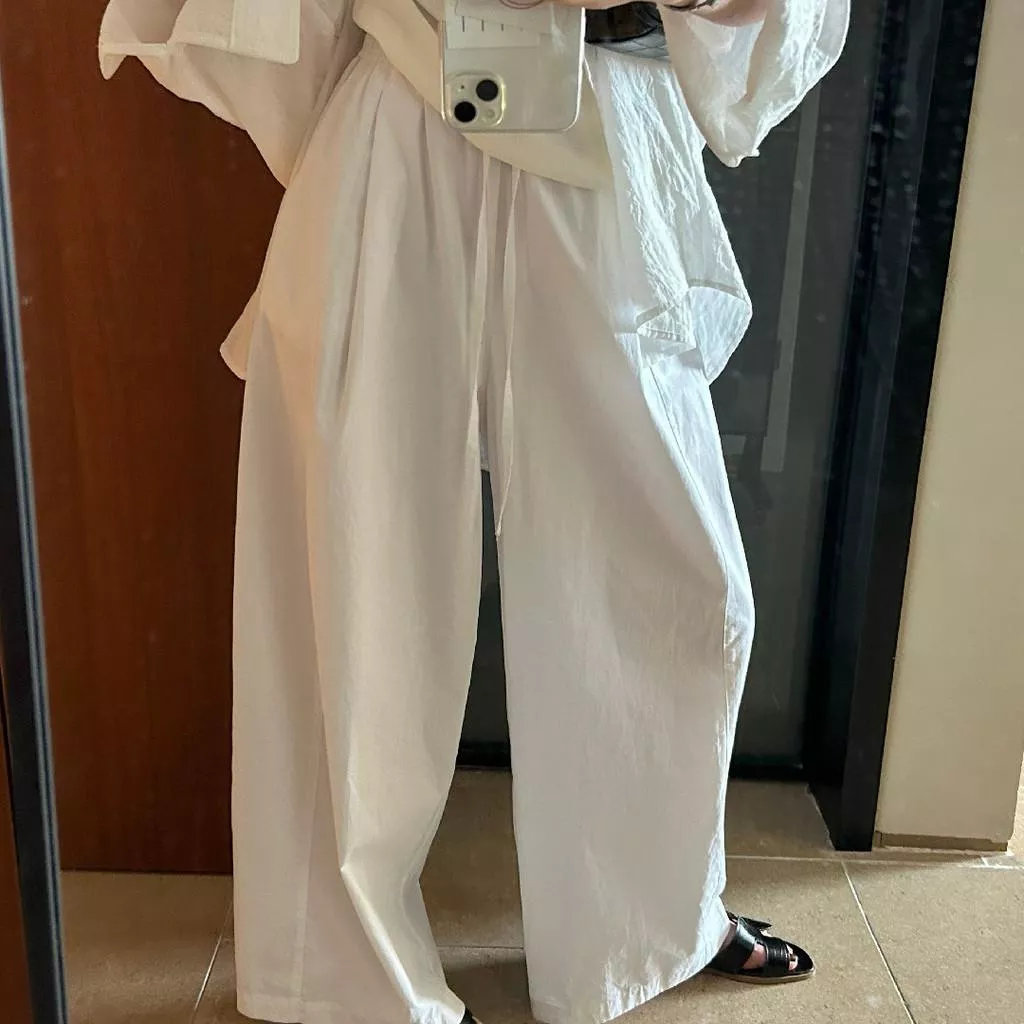 檸檬綠茶-極簡摯愛～寬鬆白色闊腿鬆緊腰休閒褲10239