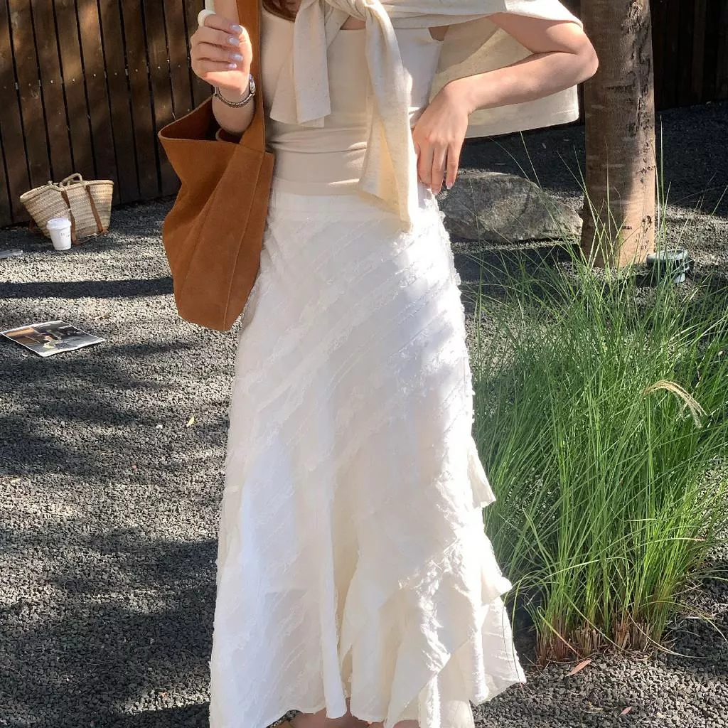 檸檬綠茶-時光旅人～法式浪漫不規則層疊設計半身裙10179