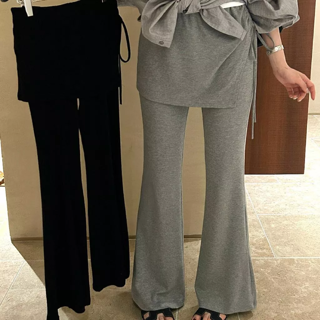 檸檬綠茶-長腿DNA假兩件拼接屁簾抽繩微喇顯瘦休閒褲10216